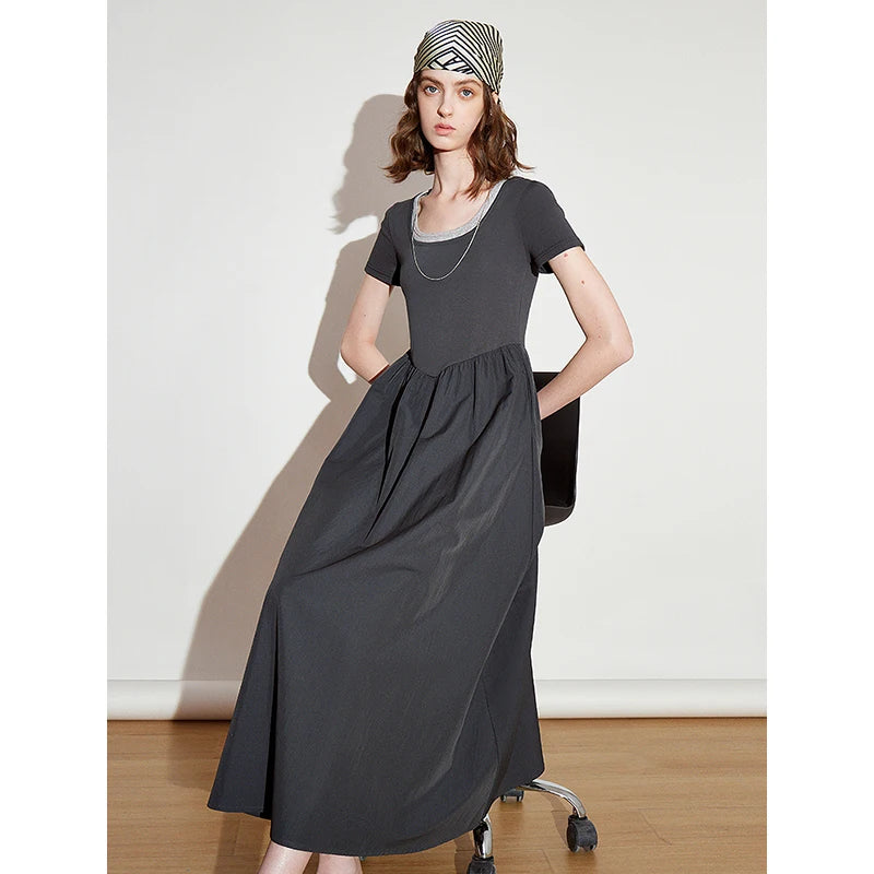 Vestido Longo Bicolor Efeito Duas Peças com Cintura Marcada