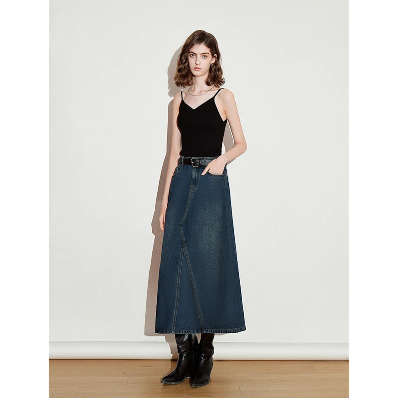 Saia Jeans Midi Feminina com Bolsos Evasê de Liocel