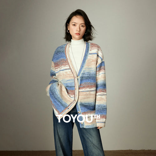 Cardigan Feminino Listrado Degradê de Tricô com Decote V