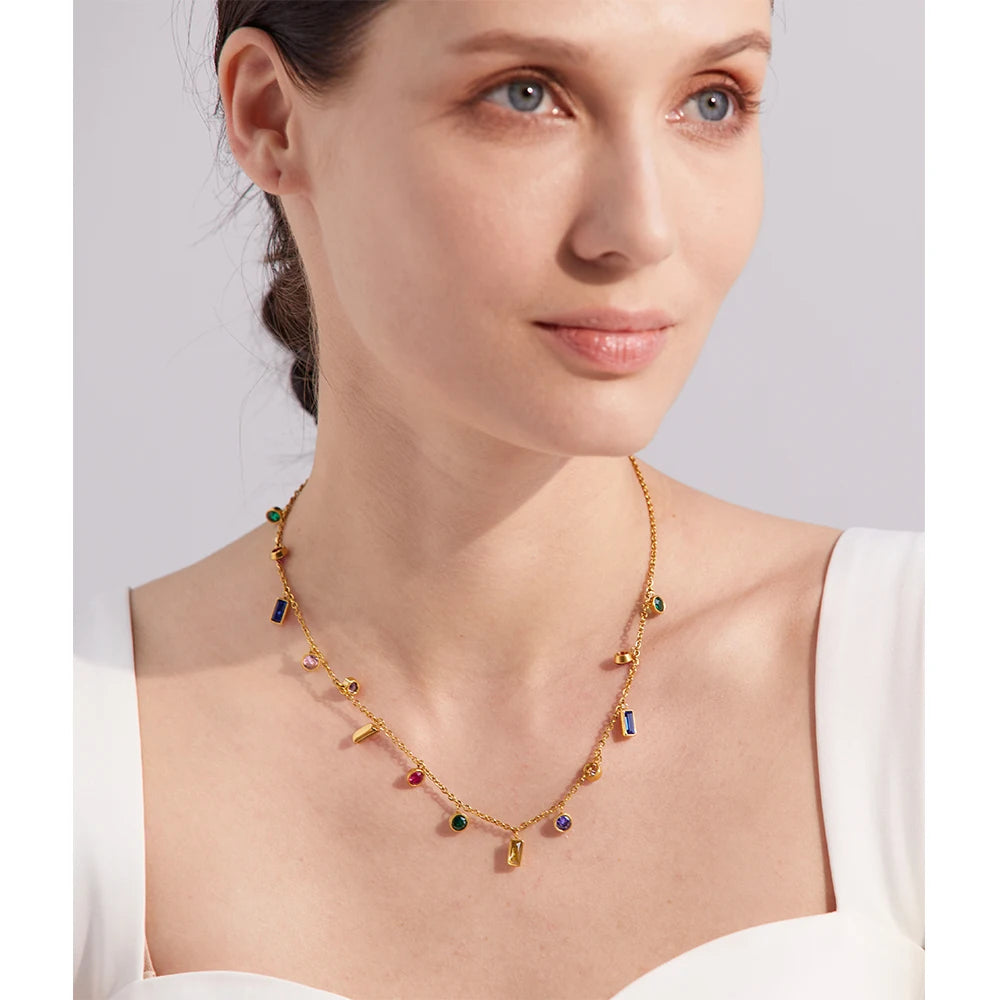 Conjunto Colar e Pulseira Gota com Zircônias Coloridas em Aço Inoxidável