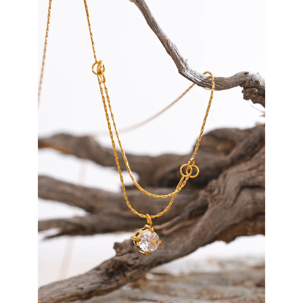 Colar Feminino de Camadas Gota com Zircônia em Aço Inoxidável 6