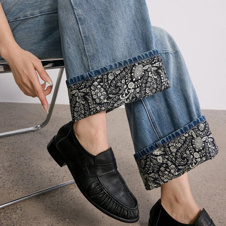 Calça Jeans Feminina Wide Leg Estampada Cintura Alta