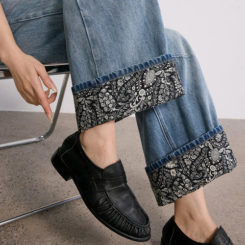 Calça Jeans Feminina Wide Leg Estampada Cintura Alta
