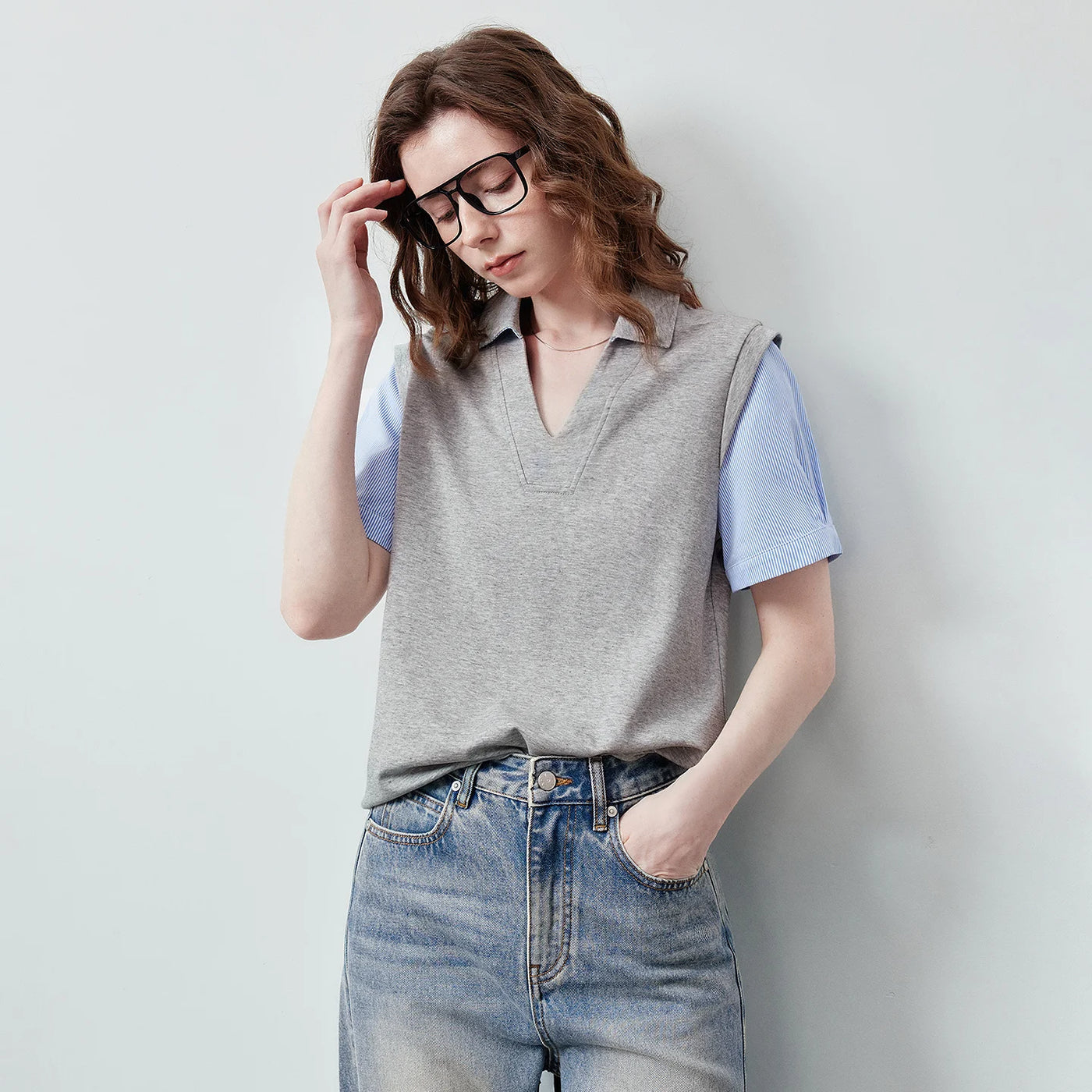 Camiseta Polo Feminina Efeito Colete Duas Peças