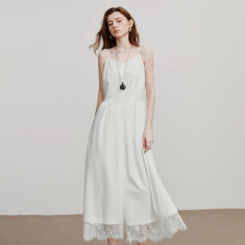 Vestido Midi de Liocel com Alças e Detalhe de Renda