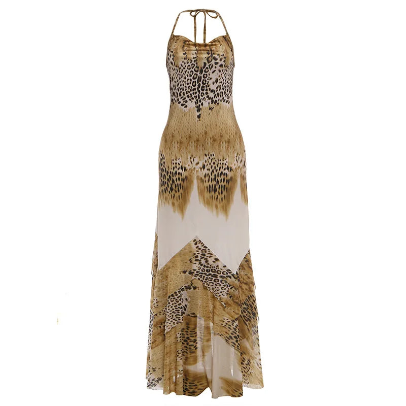 Vestido Midi Feminino Animal Print com Gola Degagê Khaki