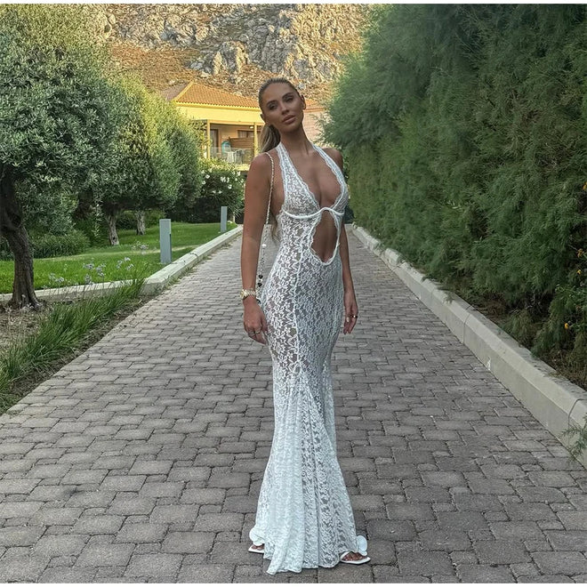 Women's Elegant Lace Up Flared Sleeve Long Dress Fashion Hollow Out Off Shoulder Bodycon Vestidos 2024 Lady New Beach Partywear