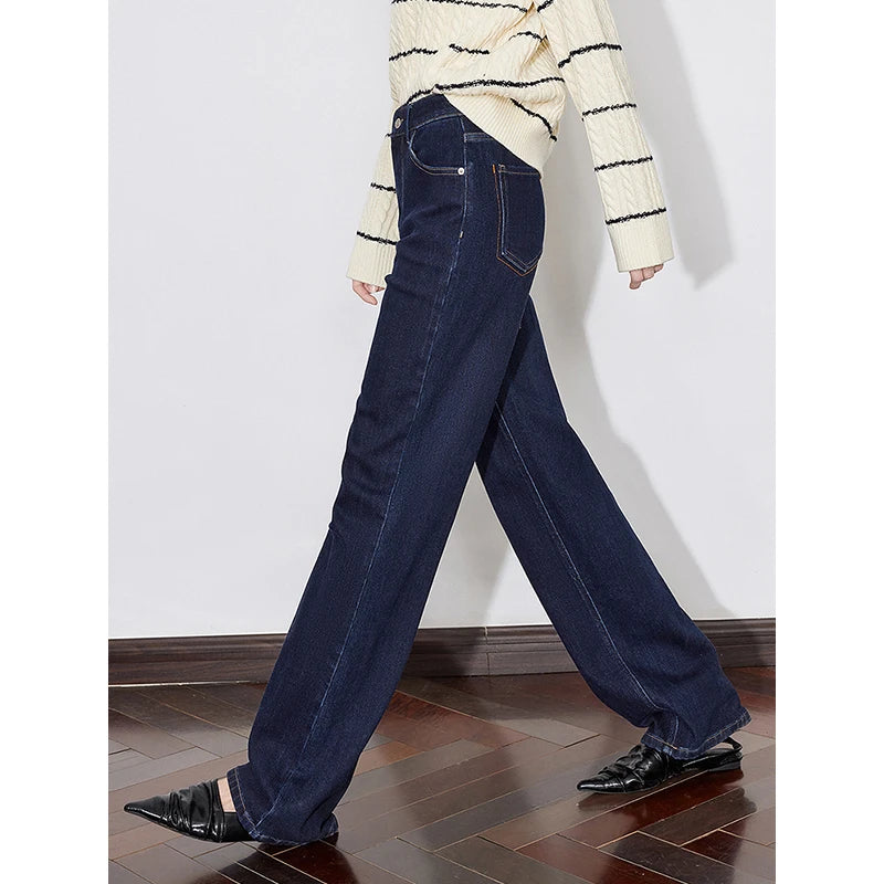 Calça Jeans Feminina Wide Leg Forrada com Elastano