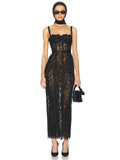 Sexy Spaghetti Strap V Neck Lace Long Dress Women Black Floral Lace Sleeveless Bodycon Dresses Elegant Evening Celebrity Party
