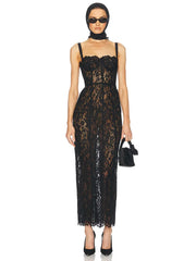 Vestido Longo Feminino de Renda com Decote V e Alças Finas