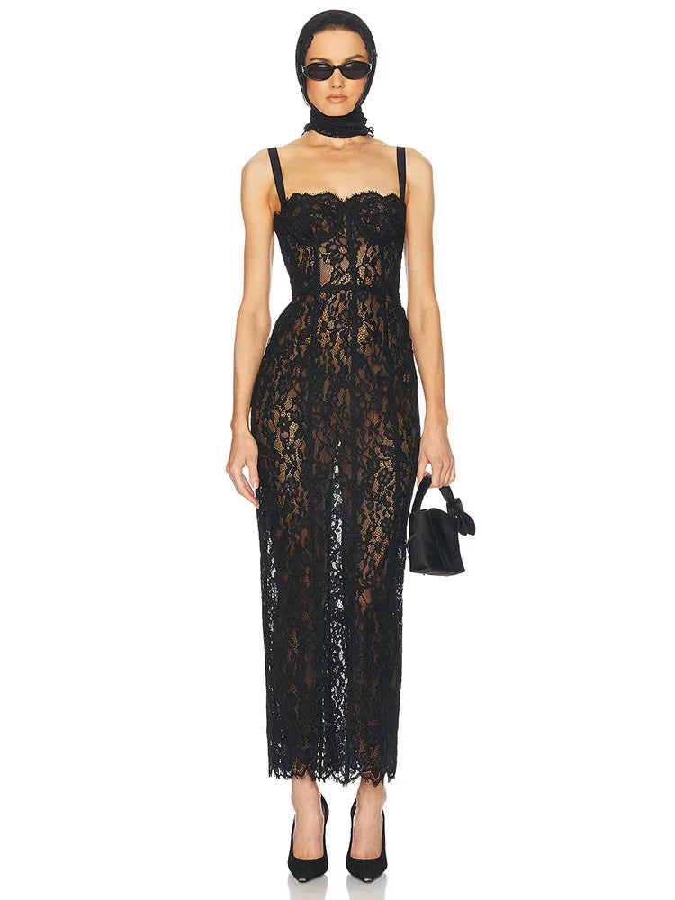Vestido Longo Feminino de Renda com Decote V e Alças Finas