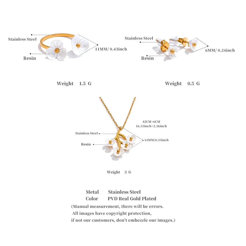 Yhpup Fairy Resin Flower Sweet Earrings Ring Stainless Steel Waterproof PVD Plated Rust Resistant Summer Fashion Jewelry