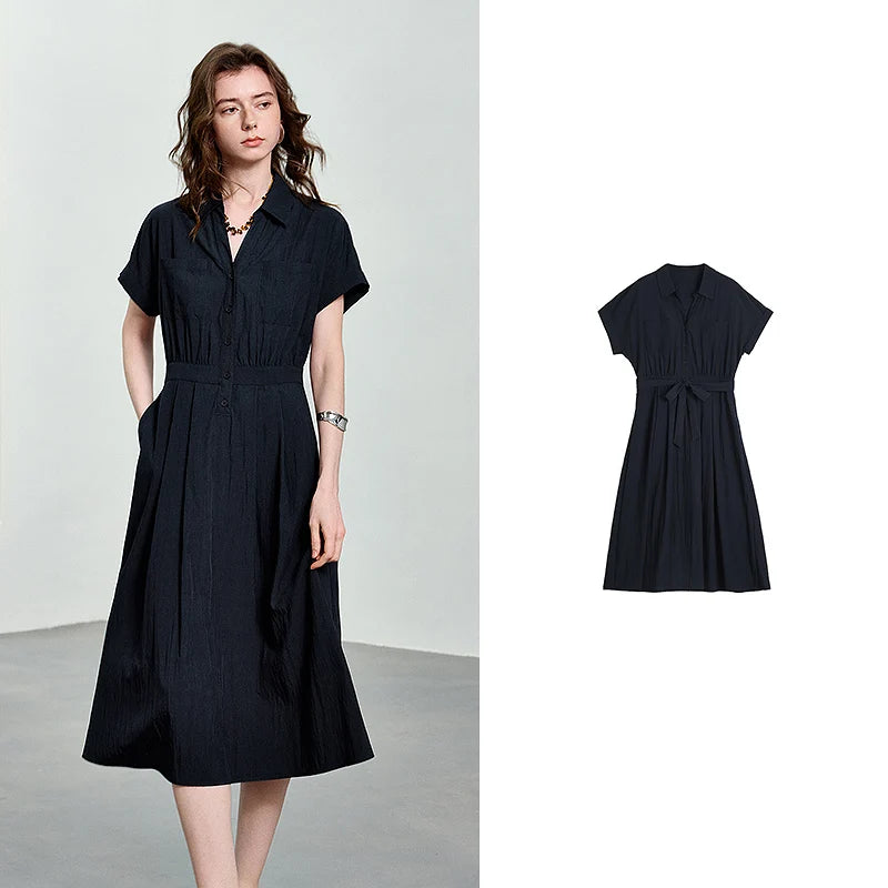 Vestido Midi Texturizado com Gola Camisaria e Botões Navy Bule