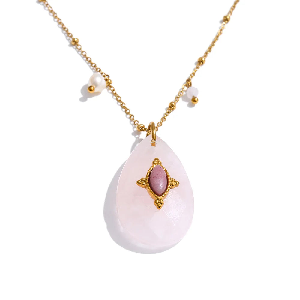 Yhpup 32mm Natural Stone Amazonite Tiger Aventurine Amethyst Drop Pendant Necklace for Women Stainless Steel France Jewelry Gift Powder Crystal
