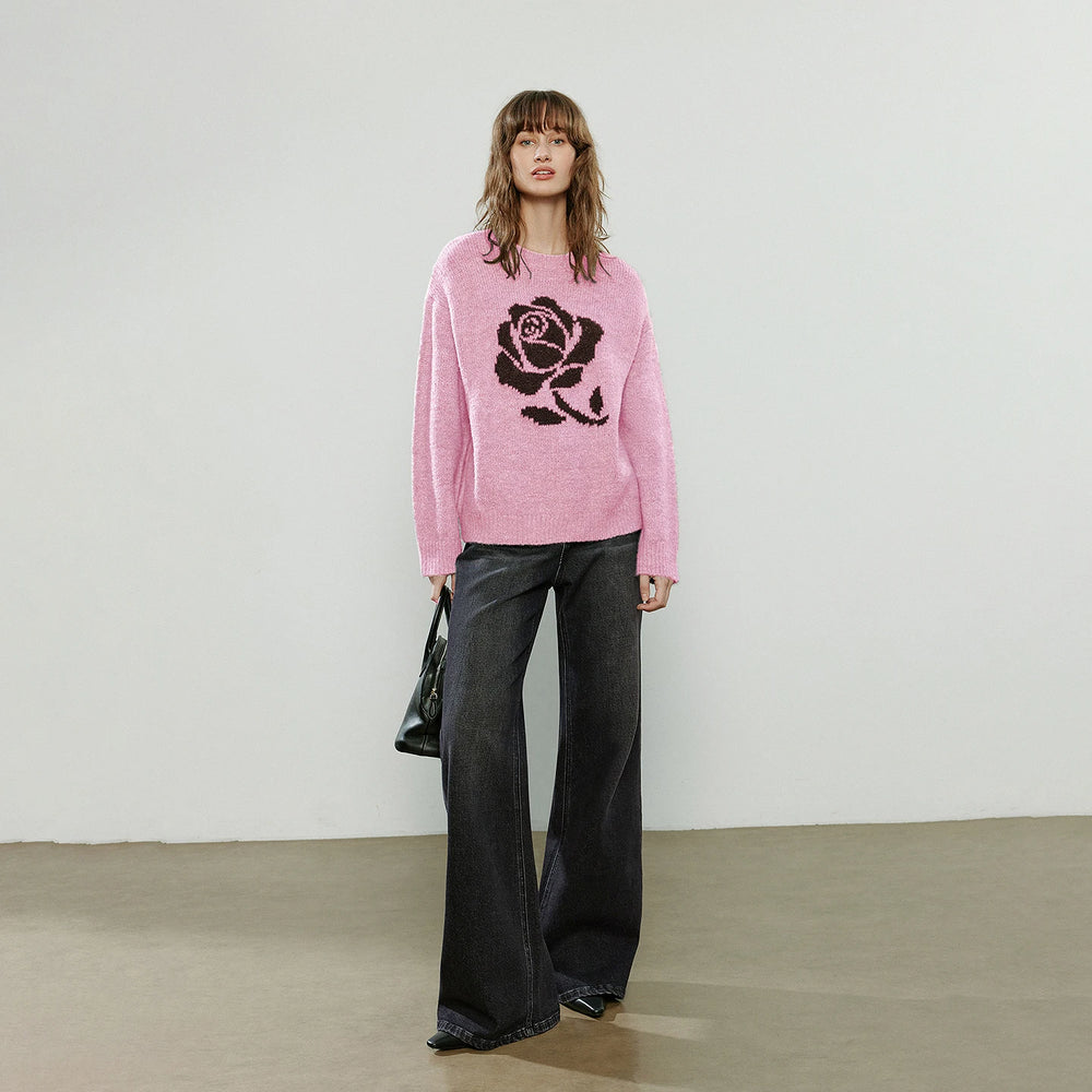 Suéter de Lã com Jacquard de Rosas