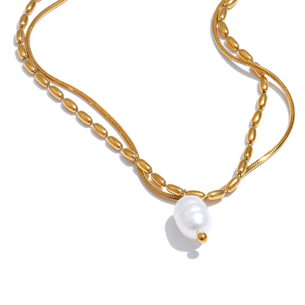 Colar Feminino de Camadas Gota com Pérola em Aço Inoxidável YH4255A Gold