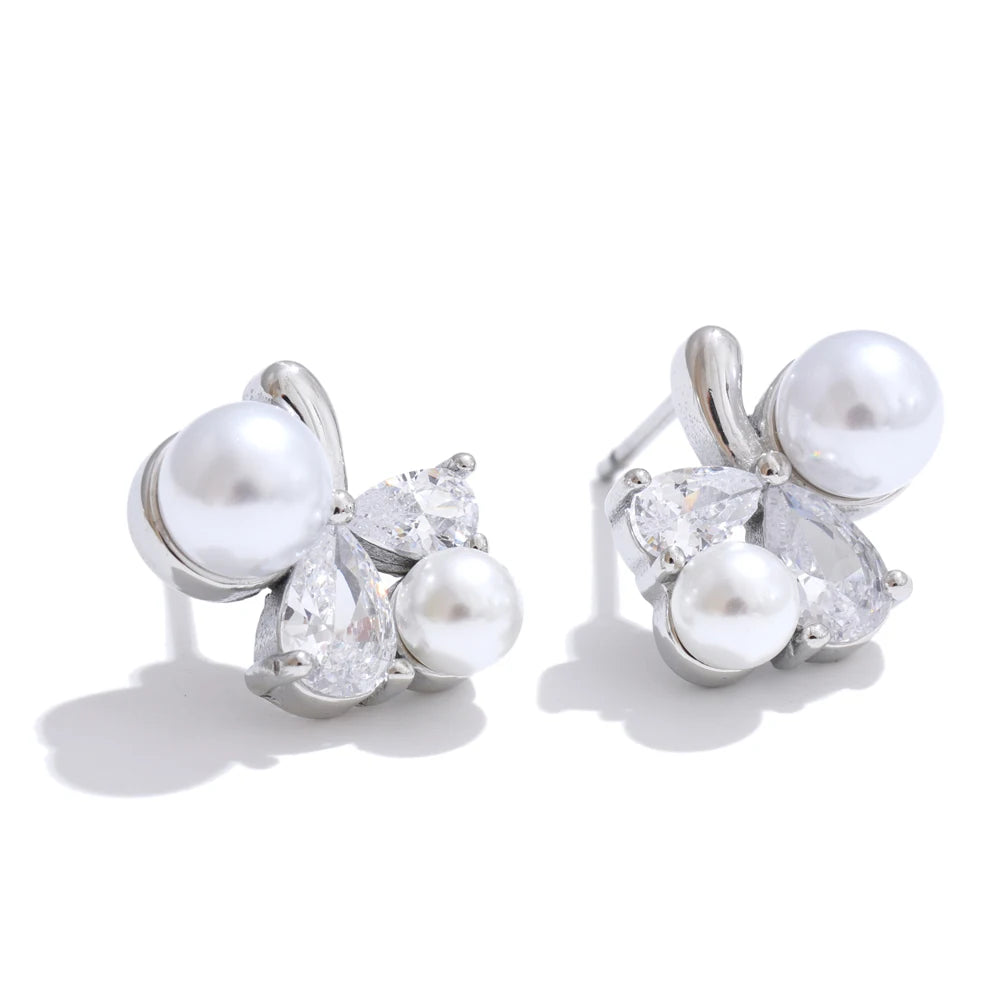 Yhpup Smooth Pearl Bling Cubic Zirconia Flower Delicate Stud Earrings Tarnish Resistant Stainless Steel Chic Sweet Jewelry Gift