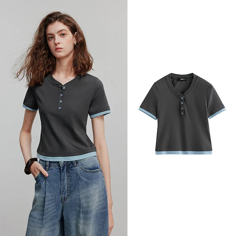 Camiseta Feminina Cropped Patchwork com Elastano
