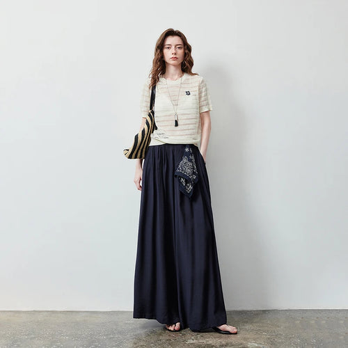Calça Pantalona Feminina Azul-Marinho com Cós Elástico