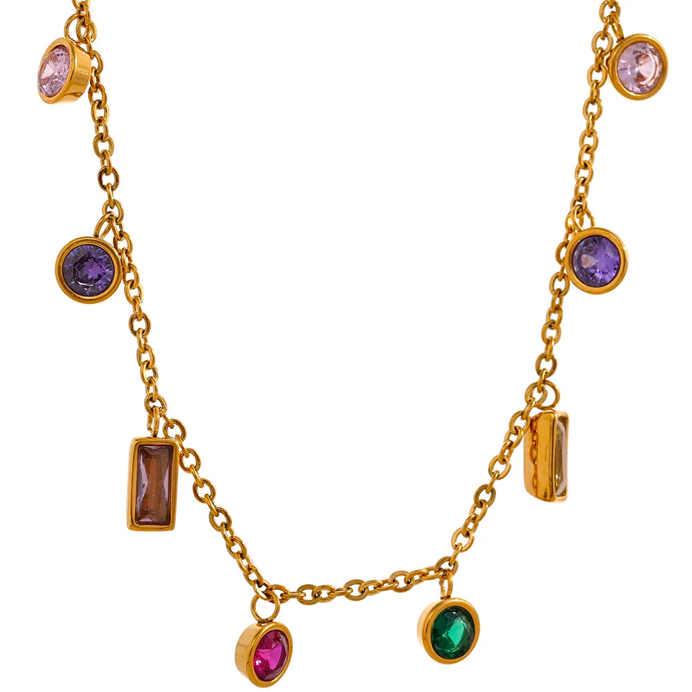 Conjunto Colar e Pulseira Gota com Zircônias Coloridas em Aço Inoxidável Colar