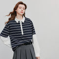 Moletom Feminino Listrado Efeito Duas Peças com Gola Polo