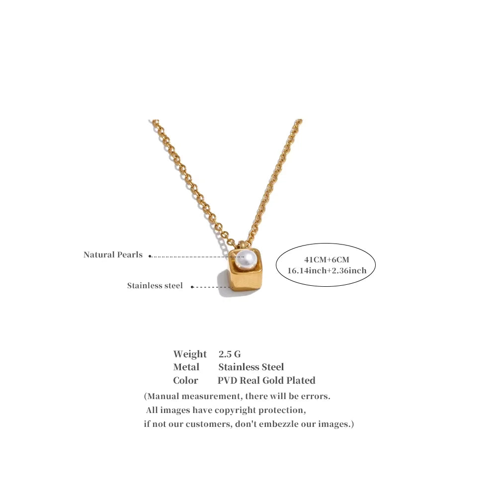 Yhpup GIFT Natural Pearl Exclusive Delicate Stainless Steel Square Pendant Necklace Tarnish Resistant Trendy Charm Jewelry New