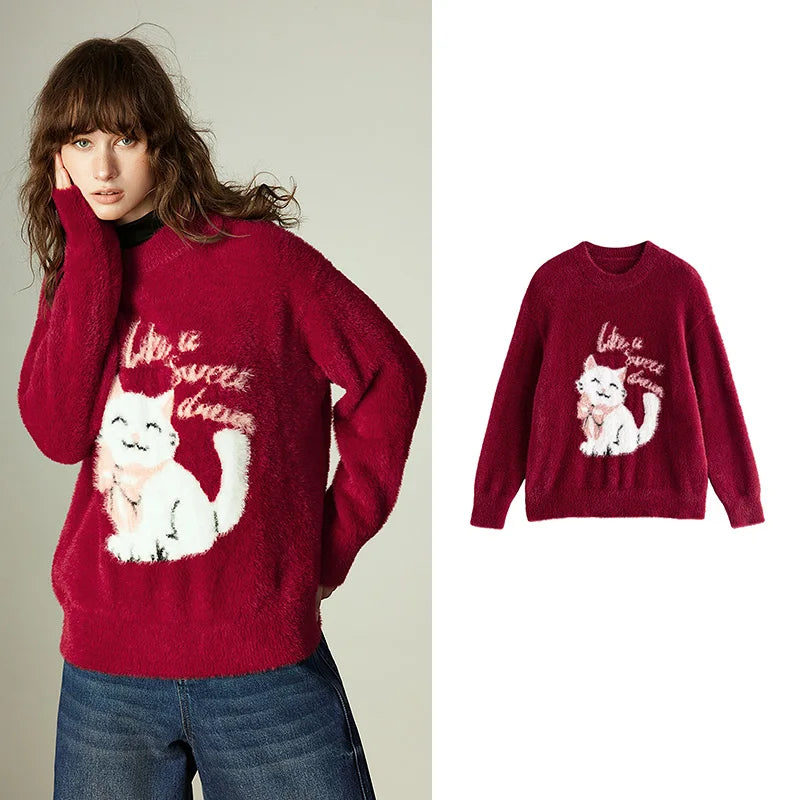Suéter Vermelho Peluciado com Jacquard de Gato