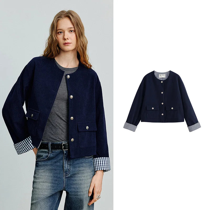 Jaqueta Feminina de Cotelê Xadrez com Gola Redonda Dark blue