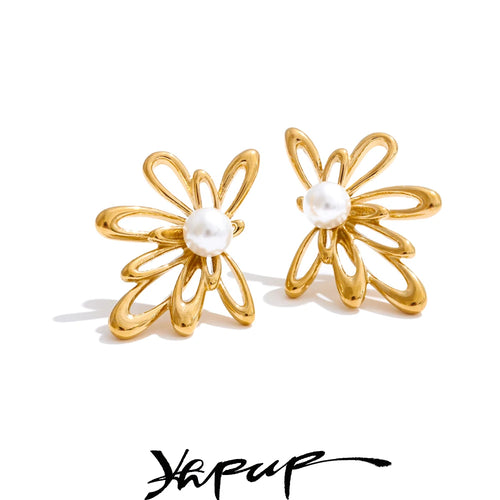 Yhpup Arrivals Hollow Flower Stud Earrings 2025 Stainless Steel Imitation Pearls Trending Elegance Daily Jewelry Rust Proof