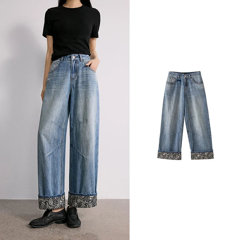 Calça Jeans Feminina Wide Leg Estampada Cintura Alta