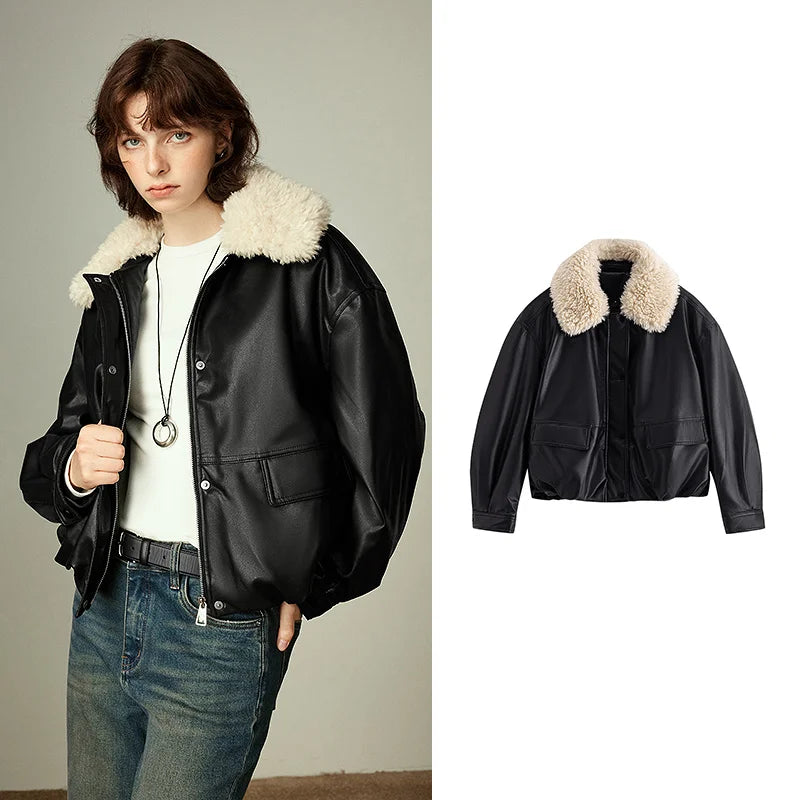 Jaqueta Feminina de Couro PU com Gola de Fleece Café Black