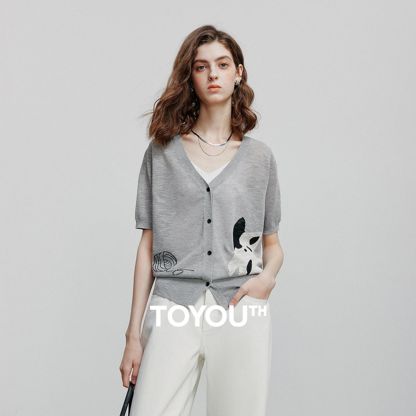 Blusa Feminina de Tricô Jacquard Gato com Decote V