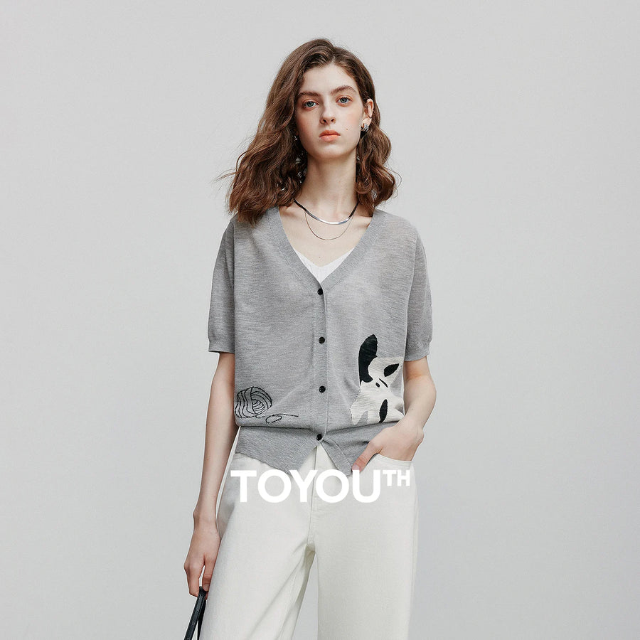 Blusa Feminina de Tricô Jacquard Gato com Decote V