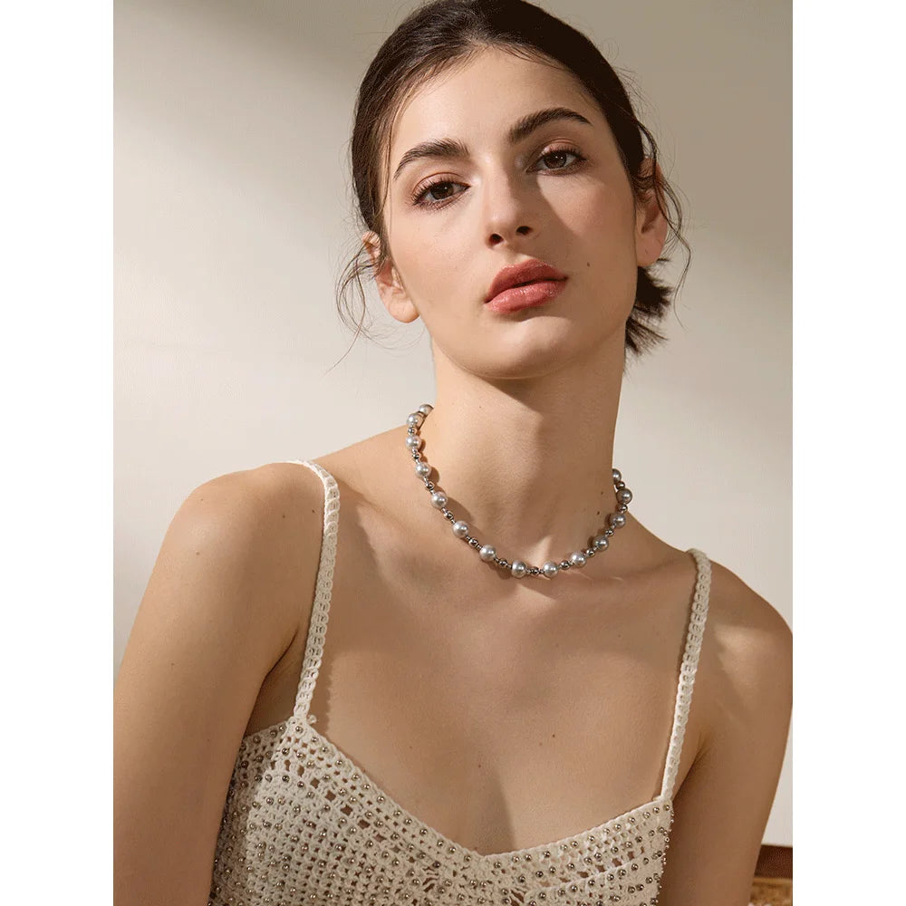 Yhpup Grey Imitation Pearl Beads Handmade Chain Stainless Steel Collar Necklace Fashion Temperament Charm Women Jewelry Gala