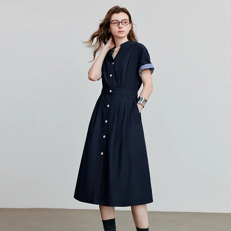 Vestido Chemise Midi Listrado com Decote V