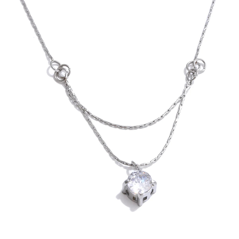Colar Feminino de Camadas Gota com Zircônia em Aço Inoxidável 6 YH172A Steel