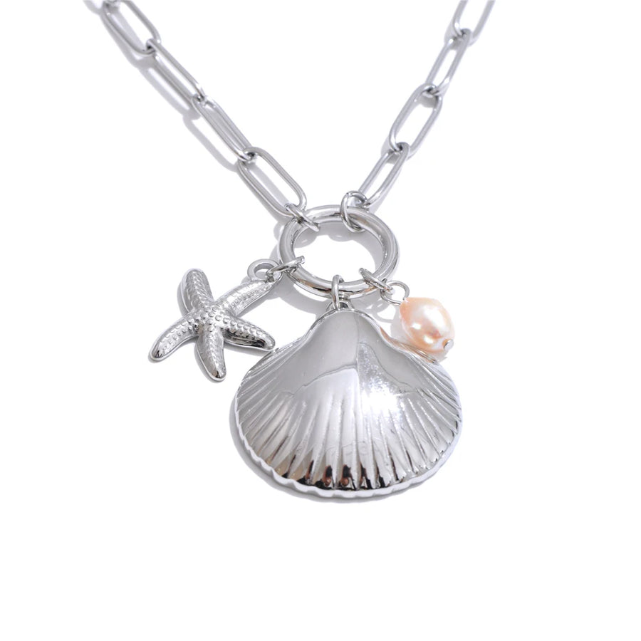 Yhpup Ocean Style Starfish Shell Natural Pearl Pendant Necklace Stainless Steel Summer Beach Fashion Jewelry Accessories Gift YH2049A Platinum