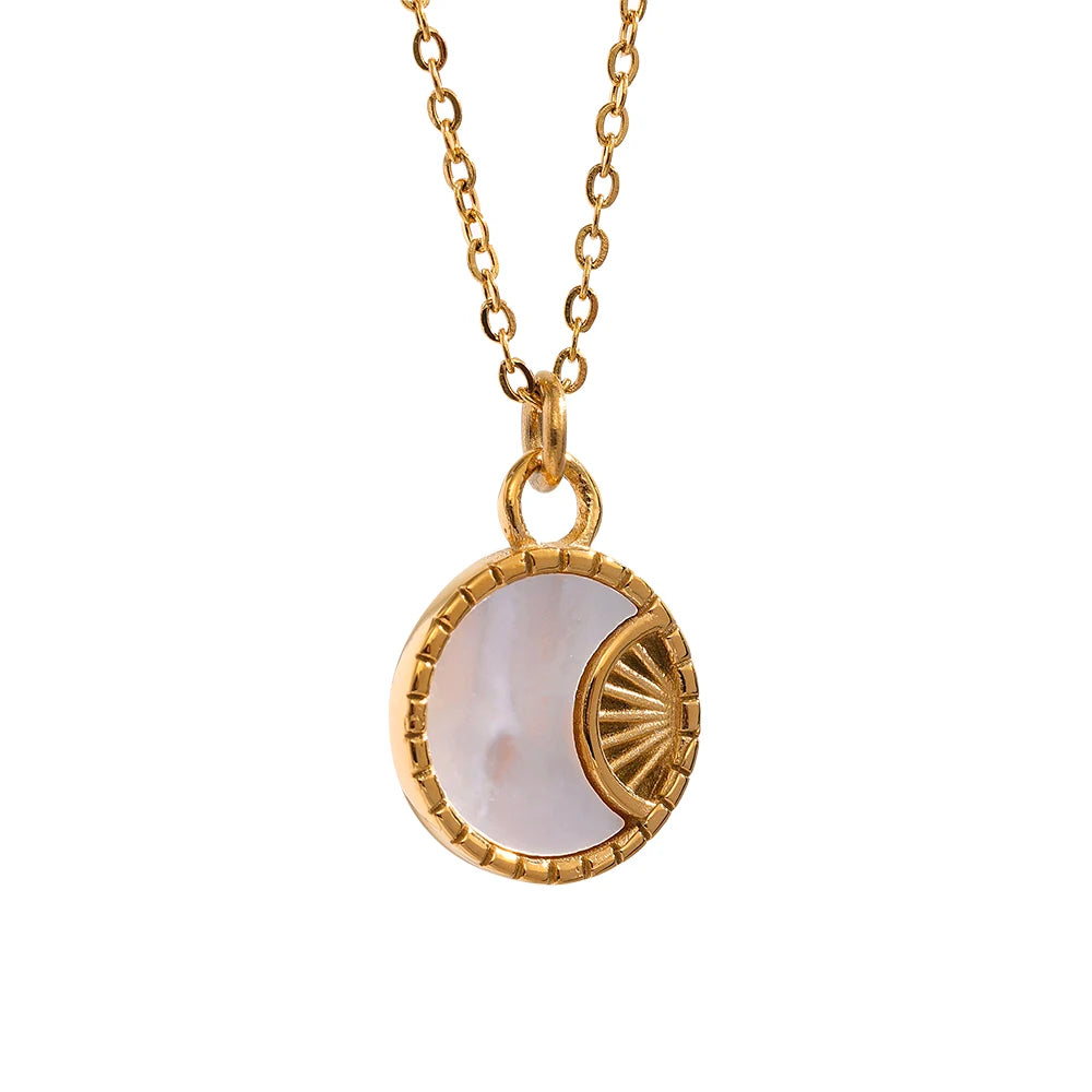Yhpup Charm Natural Shell Star Moon Round Pendant Drop Stainless Steel Necklace Earrings Jewelry Set for Women Accessories YH247A