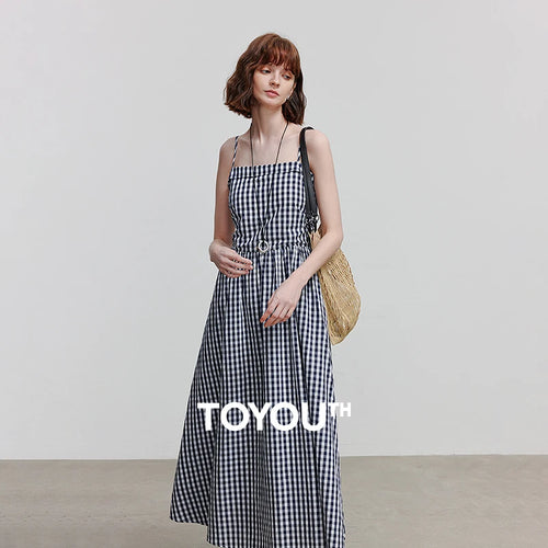 Vestido de Alças Midi Xadrez com Cintura Marcada