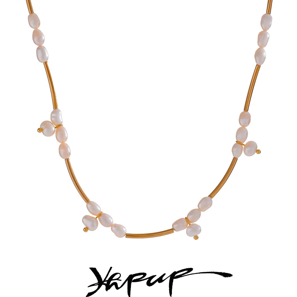 Yhpup Natural Freshwater Pearls Stainless Steel Pipe Handmade Necklace Bracelet Gold Color PVD Plated Fashion Jewelry Bijoux