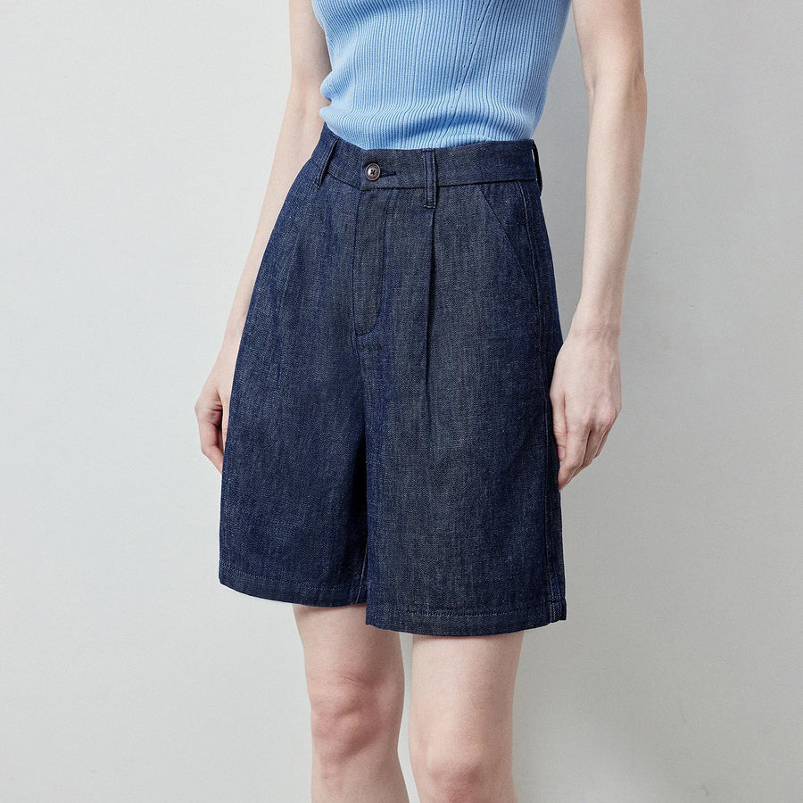Shorts Jeans Feminino Algodão e Linho com Lavagem Vintage