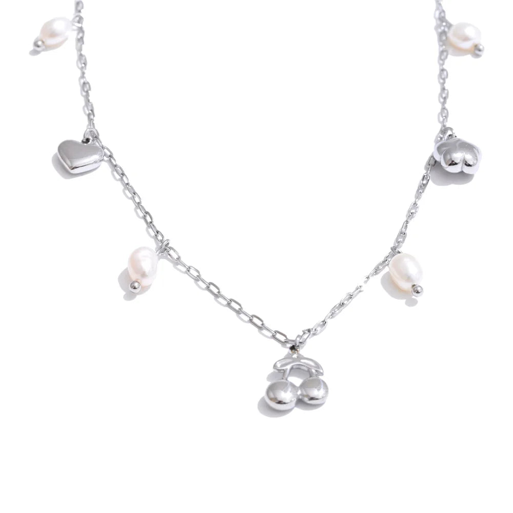 Yhpup Hot Style Natural Pearl Heart Cherry Drop Necklace High Quality Stainless Steel Exquisite Fashion Jewelry for Women YH4537A Platinum