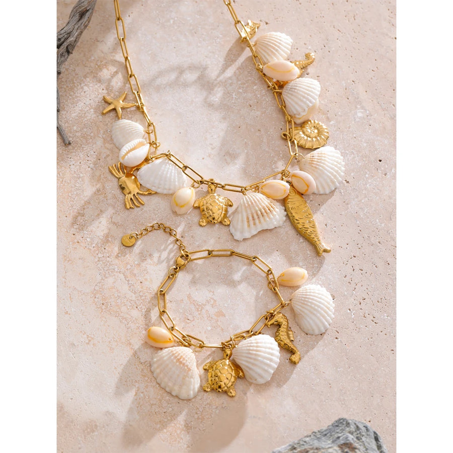 Yhpup Ocean Style Shell Conch Fish Pendant Charm Necklace Summer Stainless Steel Holiday Beach Wear Handmade Jewelry Waterproof