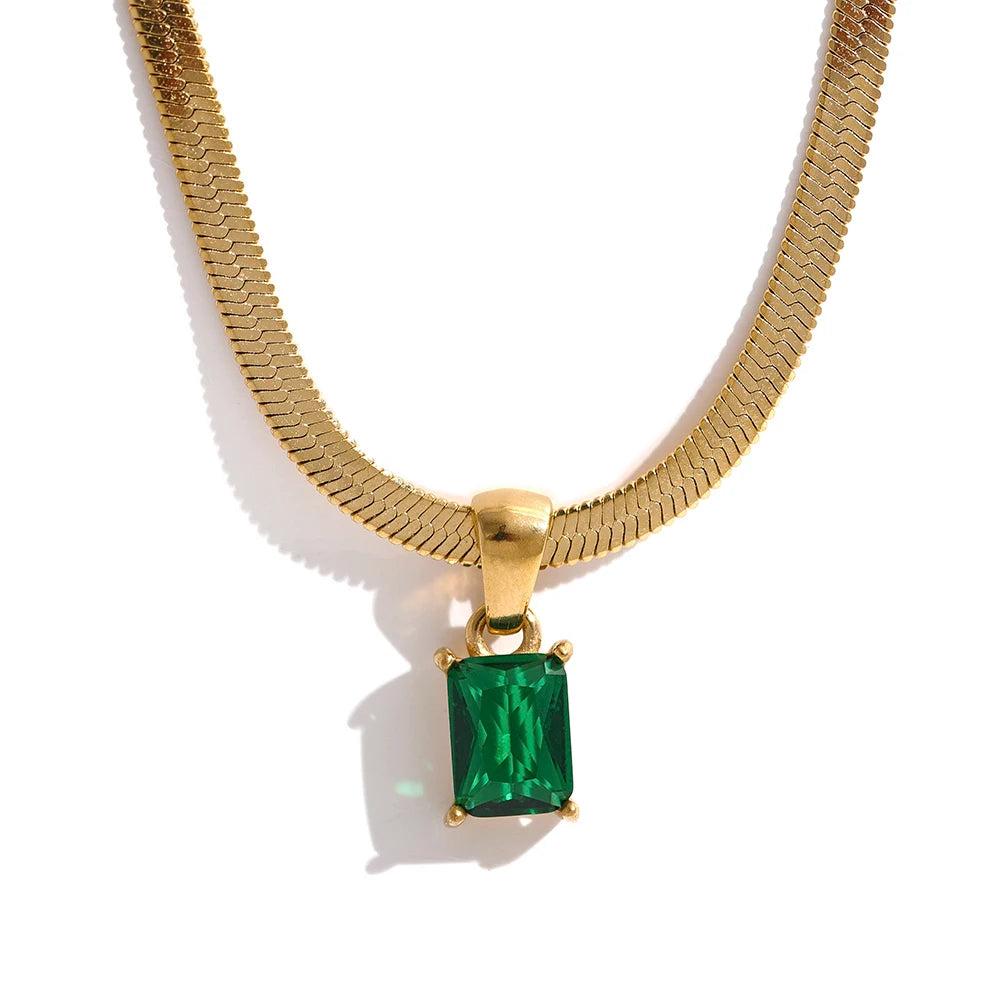 Colar Feminino Quadrado com Zircônia em Aço Inoxidável 3 Verde