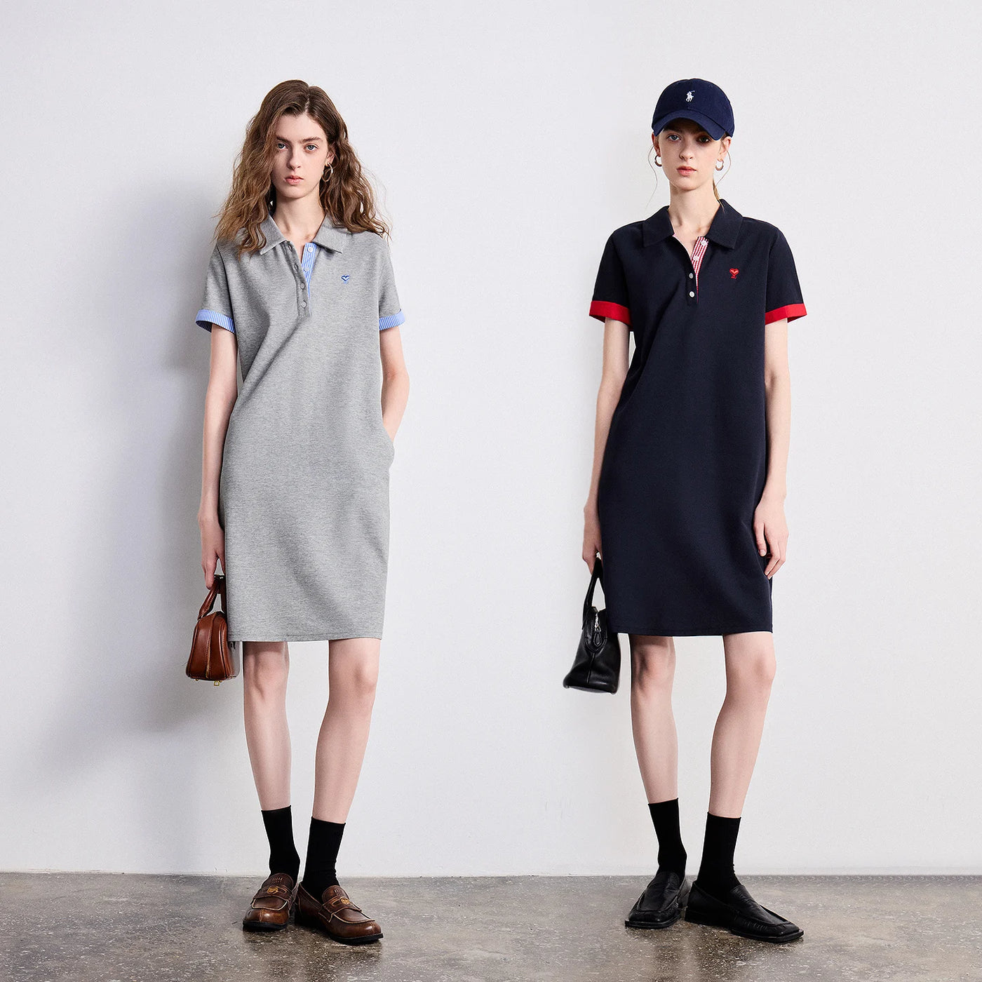 Vestido Polo Curto com Contraste de Cor e Bordado