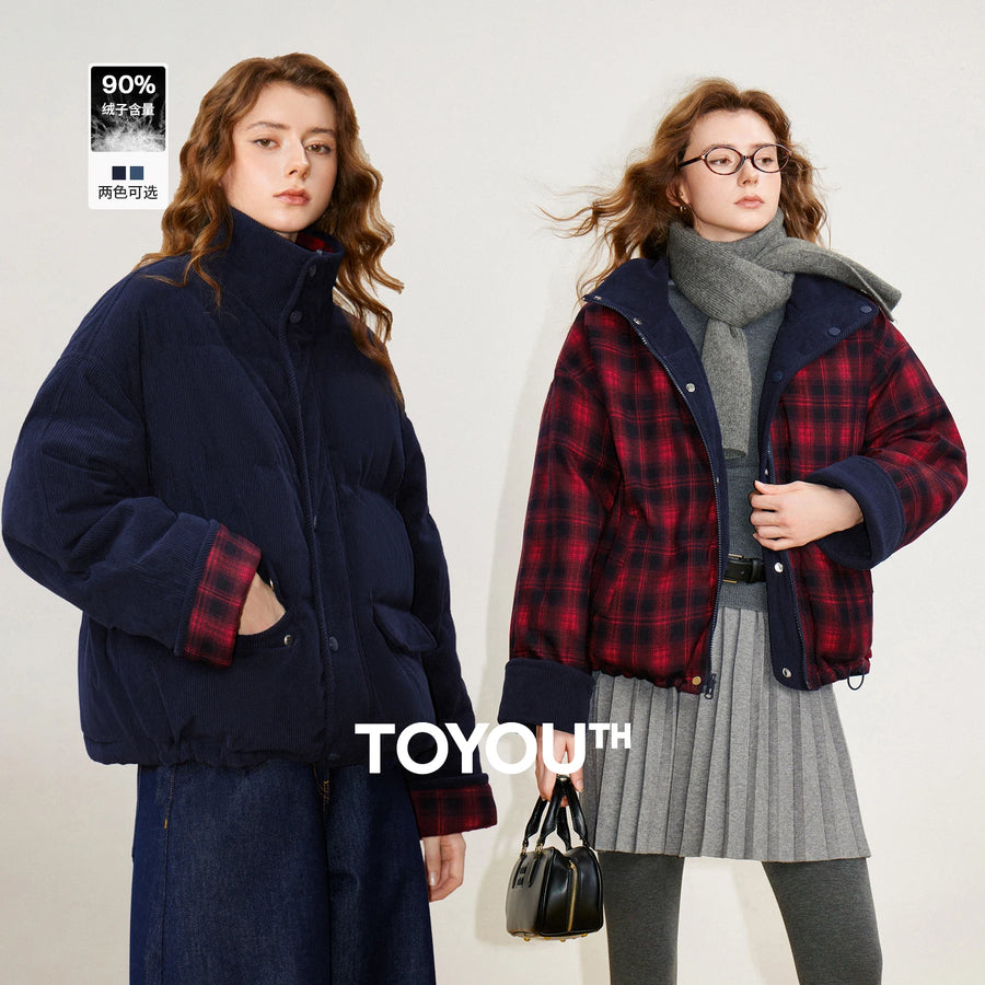 Jaqueta Puffer Feminina 90% Plumas Xadrez e Cotelê