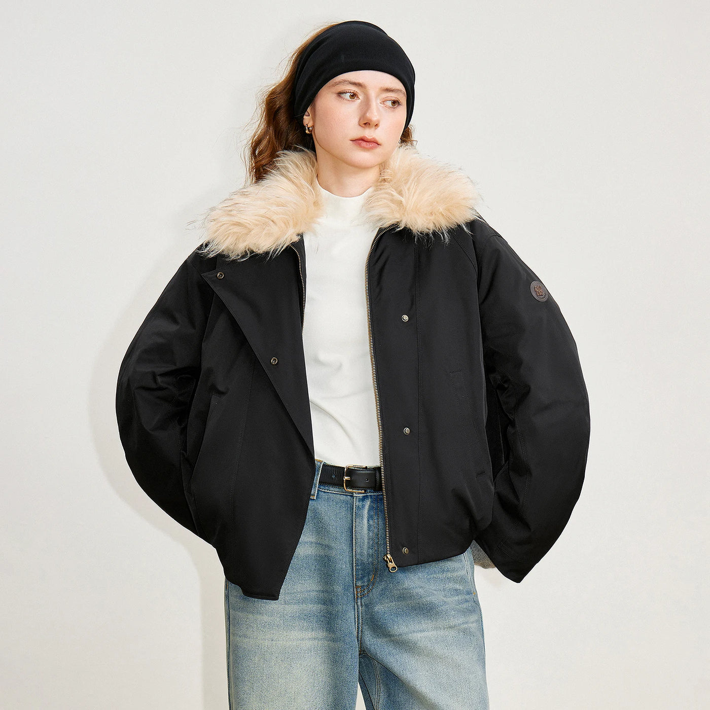 Jaqueta Puffer Feminina com Gola de Fleece Café