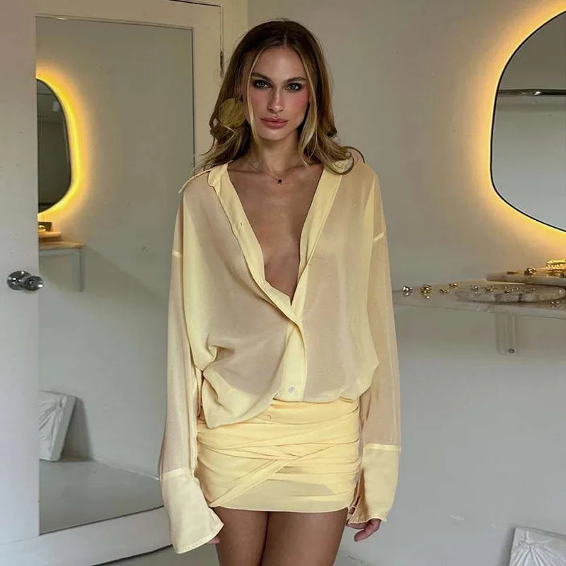 Vestido Camisa Feminino Curto Transparente com Franzidos