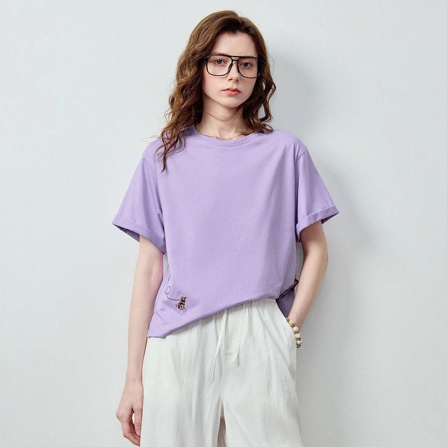 TOYOUTH Women's Cotton Dog Embroidery T-Shirt 2026 Summer New Asymmetric Short Sleeve Tee, Cute Animal Graphic