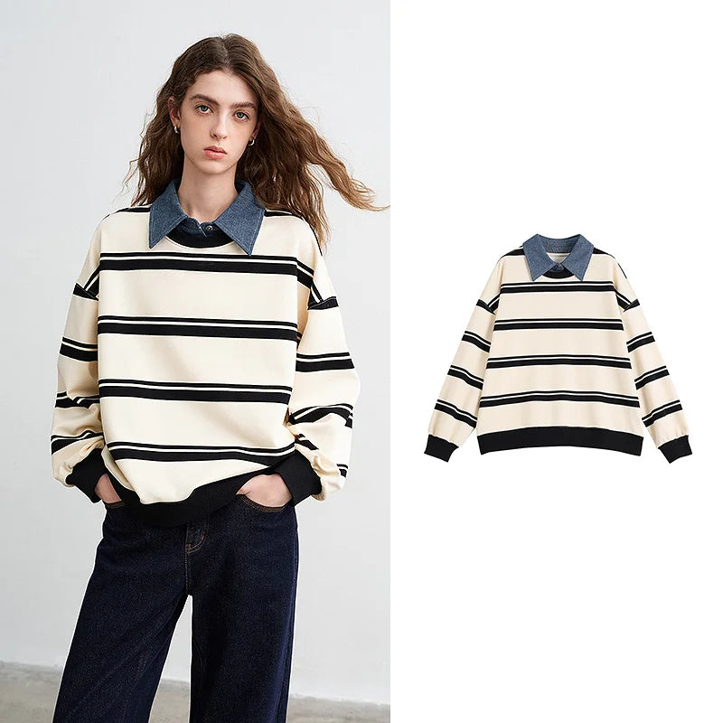 Moletom Feminino Listrado Efeito Duas Peças com Gola Jeans